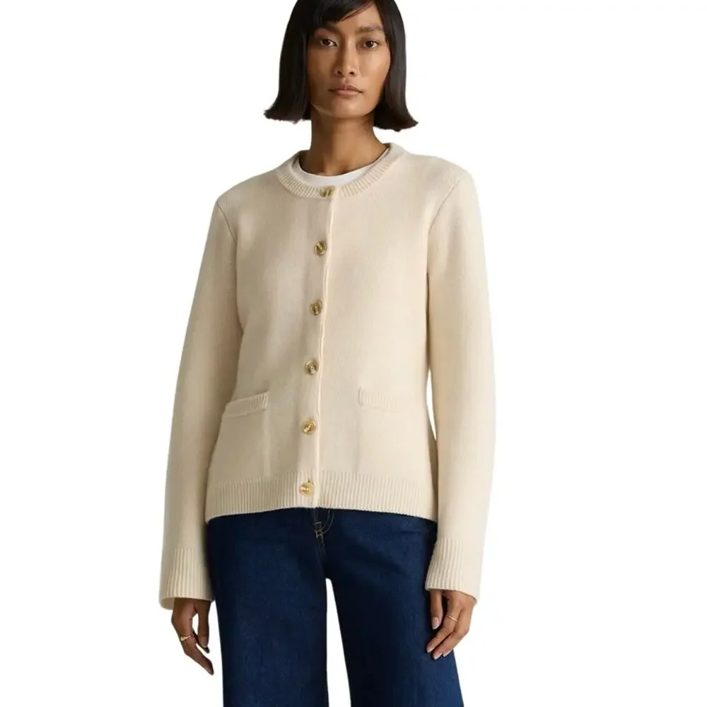 New Quince Small Mongolian Cashmere Button Up Structured Cardigan Sweater Ivory